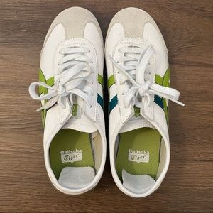 Onitsuka Tiger White Sneakers with Lime and Teal Stripes
